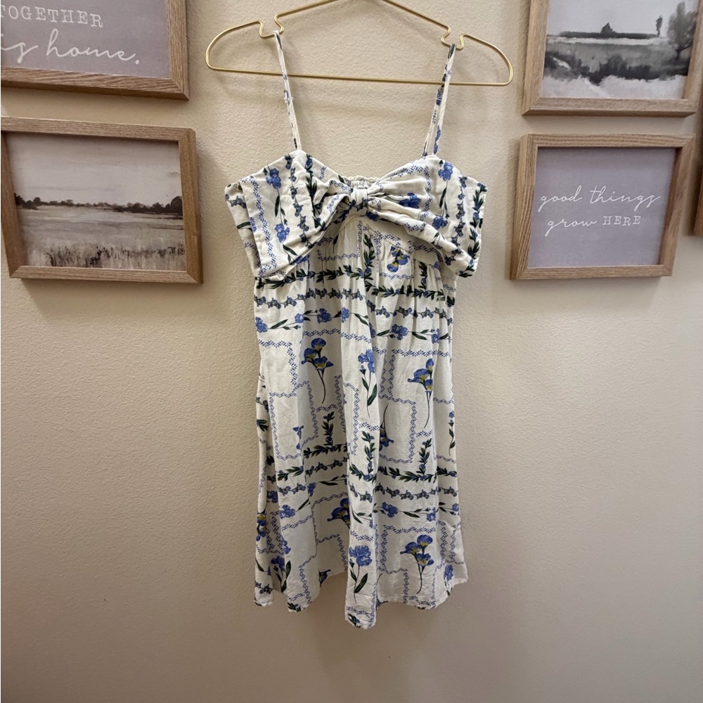 Floral Bow-Front Spaghetti Strap Sundress - Cream & Blue